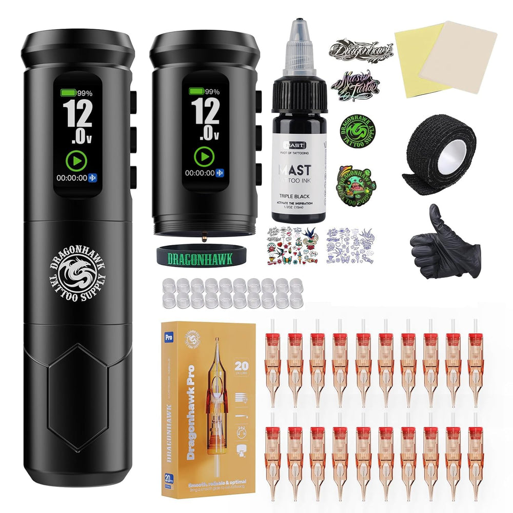 Dragonhawk A1 Pro tattoo kit cordless setup for unrestricted practice sessions.