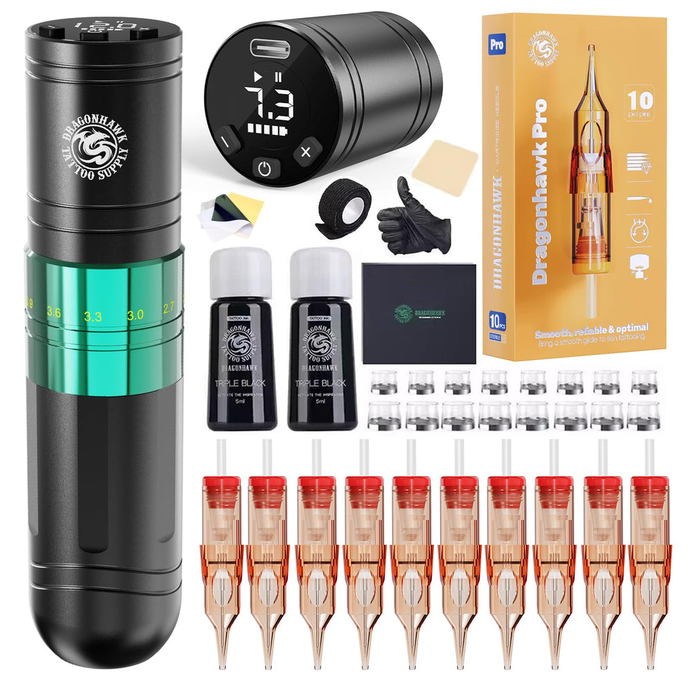 Dragonhawk A2 wireless tattoo pen front view with compact grip for precise lining.