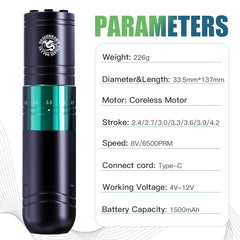 Dragonhawk A2 wireless tattoo pen side view demonstrates balanced weight for comfortable shading.