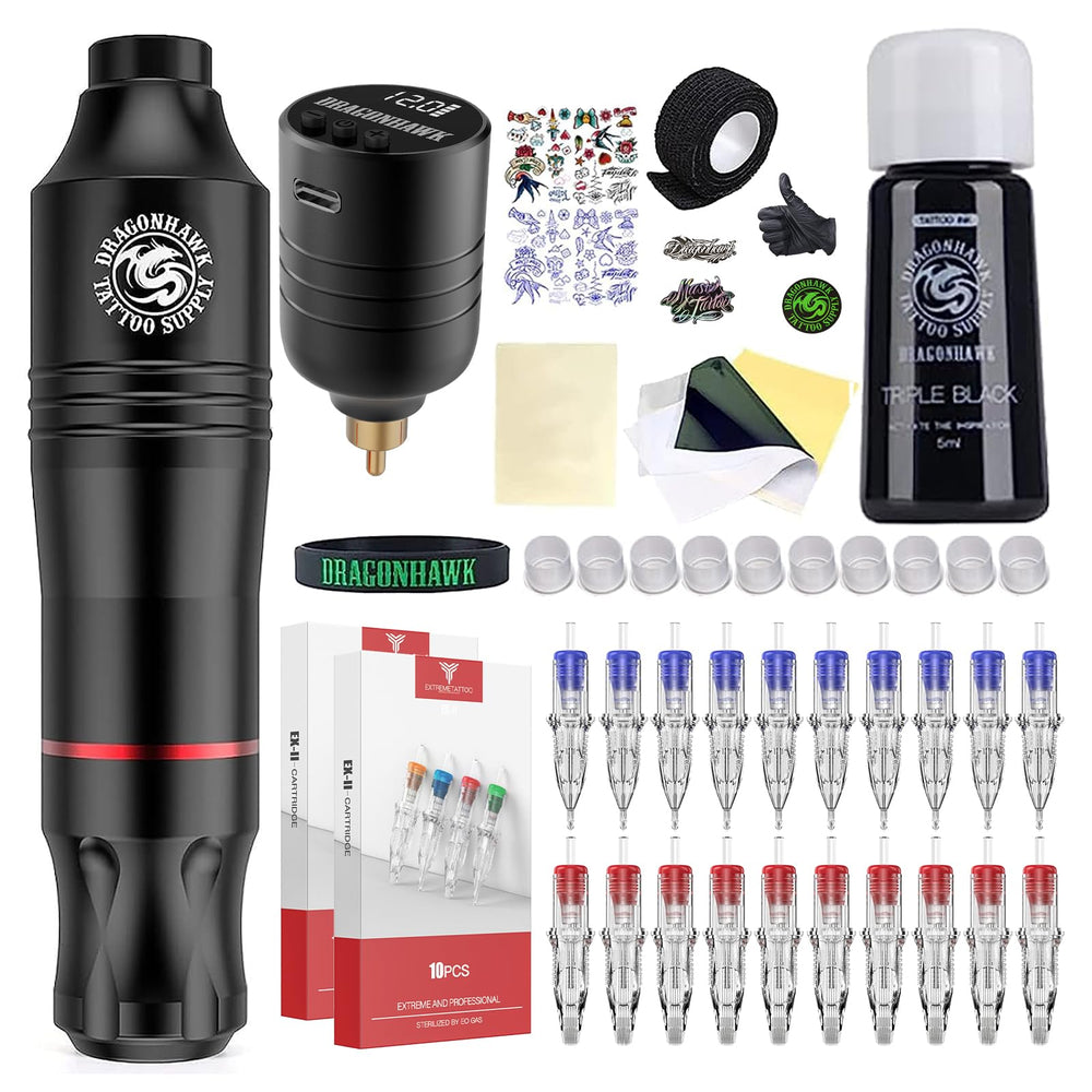 Dragonhawk Atom wireless tattoo pen kit front view for precise lining and shading.
