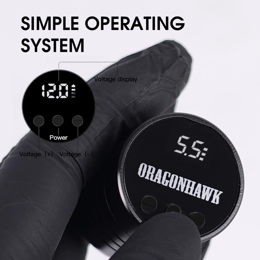 Dragonhawk Atom wireless tattoo pen kit side view shows ergonomic grip for steady control.