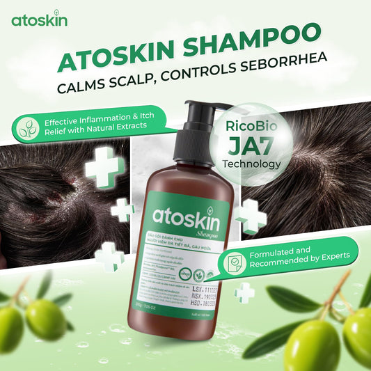 Dr. Atoskin Shampoo on bathroom shelf for daily scalp care.
