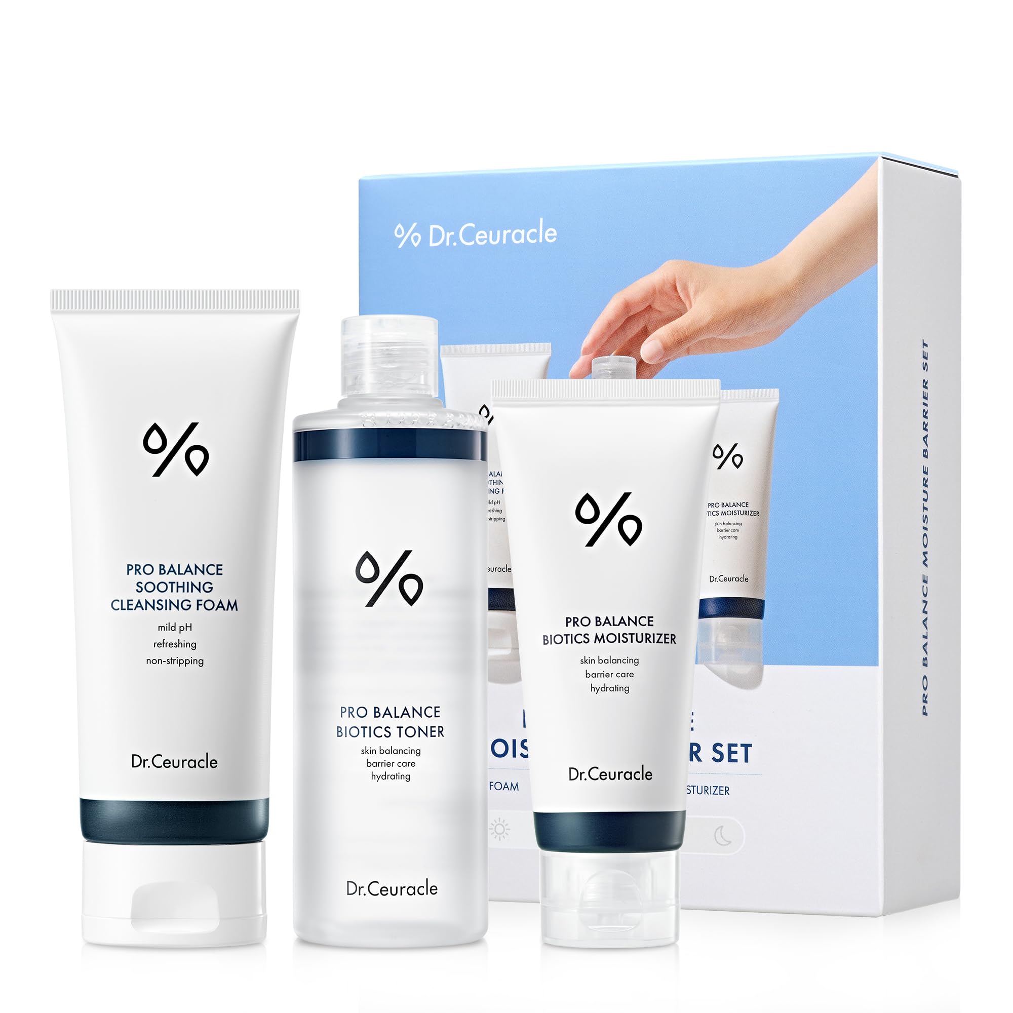 Dr.Ceuracle Pro Balance cleansing foam bottle shows gel-to-foam action for daily gentle cleansing