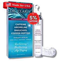 DR. CLARIV caffeine-bakuchiol eye serum bottle for easy roll-on application and cooling relief.