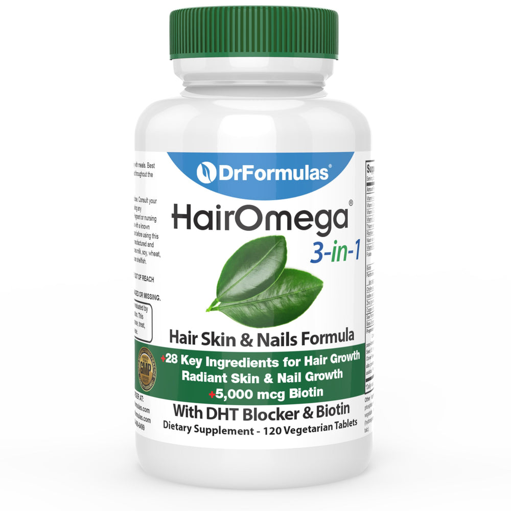 DrFormulas HairOmega bottle pour supports hair vitality and daily wellness