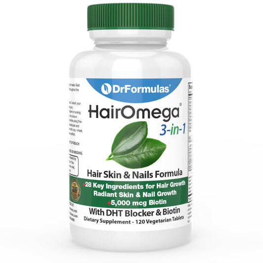 DrFormulas HairOmega bottle pour supports hair vitality and daily wellness