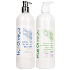 DrFormulas HairOmega Shampoo bottle shows sulfate-free cleanse for gentle scalp care
