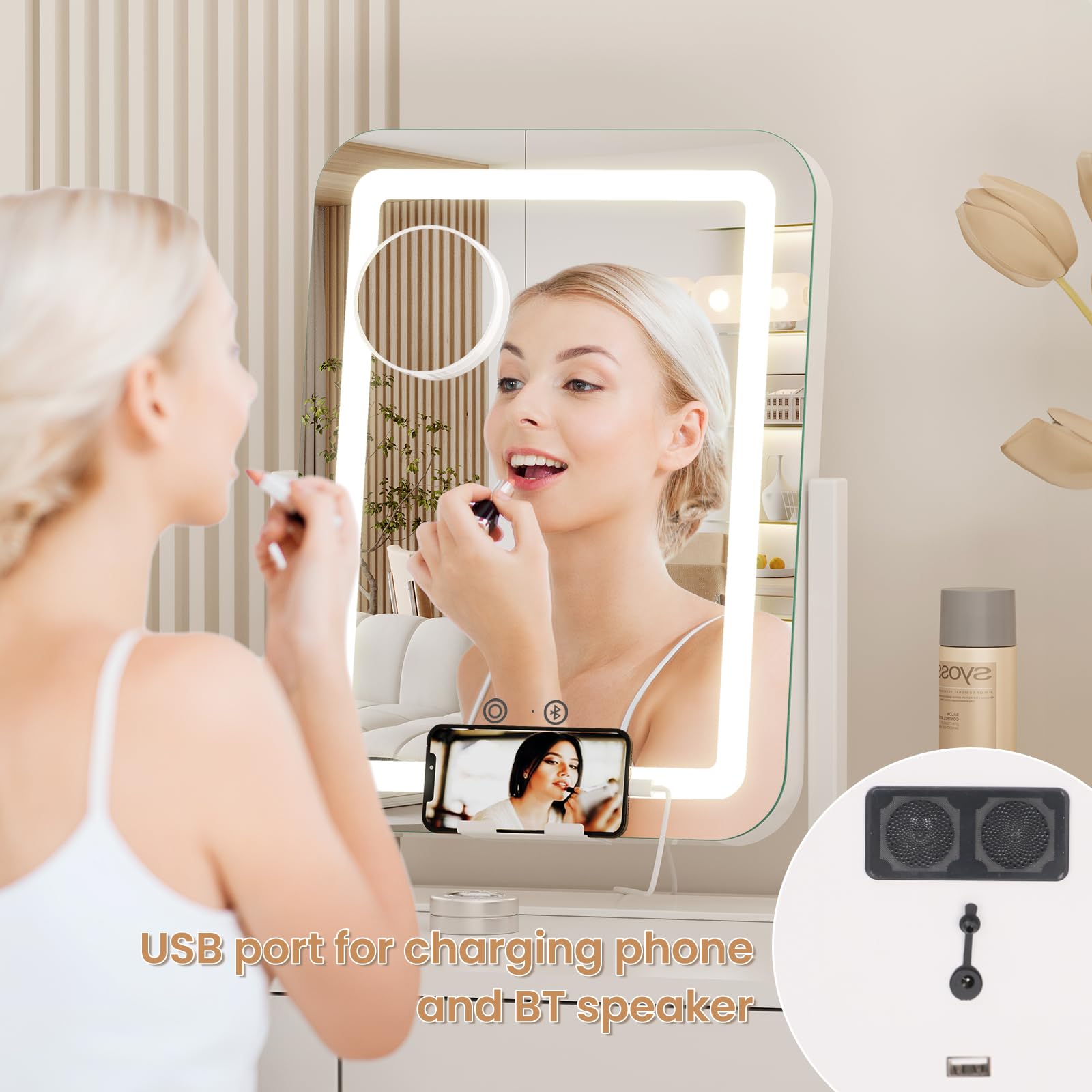 Dripex vanity mirror USB charging port keeps devices powered during tutorials.