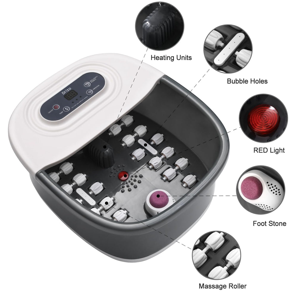Drizo foot spa heat control maintains water temperature for consistent comfort.