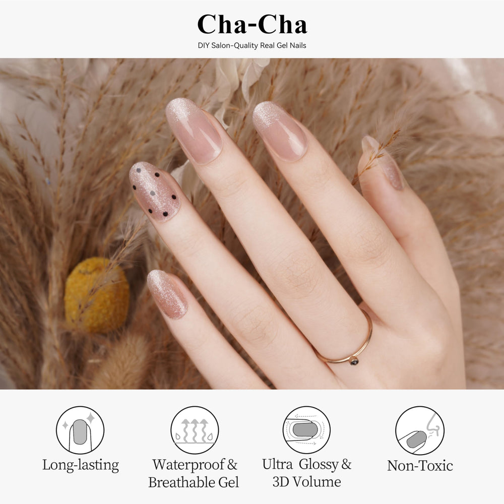 Drizzle Cha-Cha glitter nail strips add luxe sparkle and durable wear.