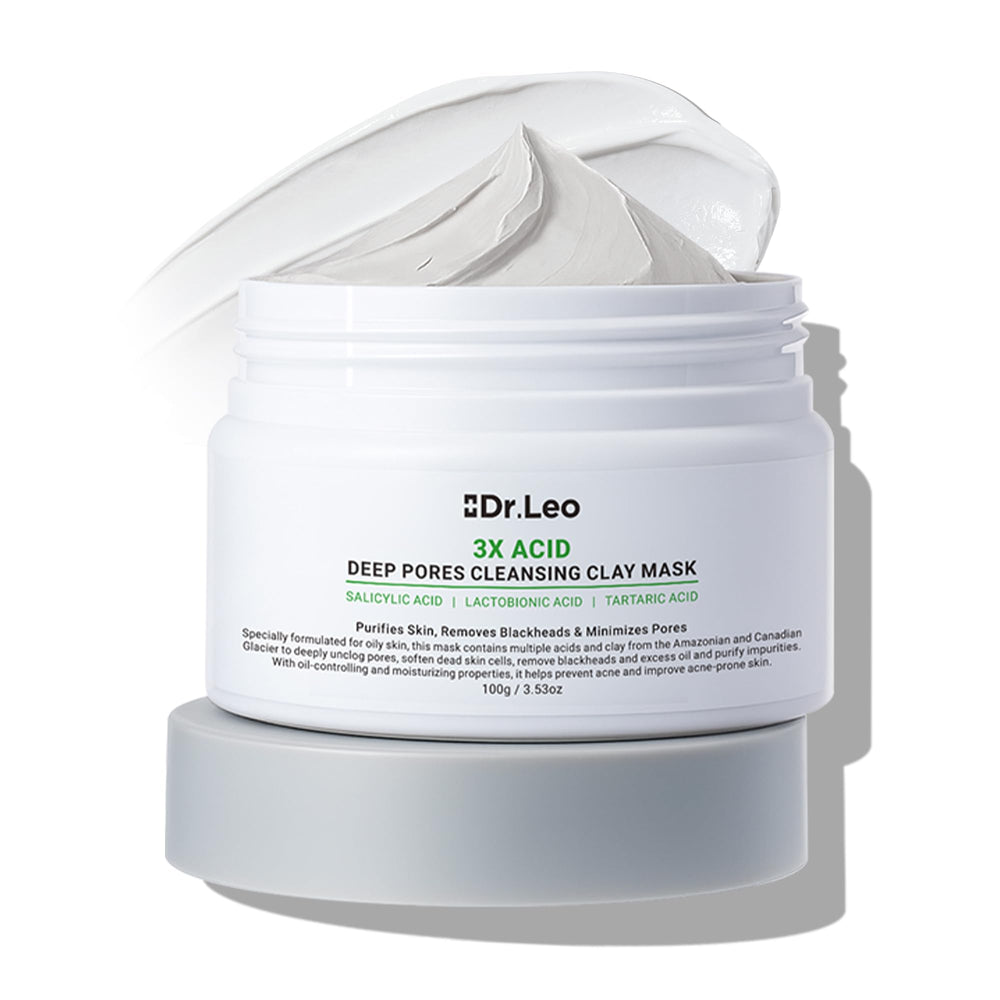 Dr.Leo Amazonian White Clay & Glacier Clay mask jar close-up shows creamy texture for deep cleansing.
