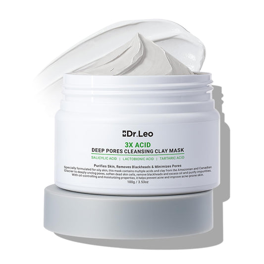 Dr.Leo Amazonian White Clay & Glacier Clay mask jar close-up shows creamy texture for deep cleansing.