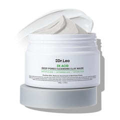 Dr.Leo Amazonian White Clay & Glacier Clay mask jar close-up shows creamy texture for deep cleansing.