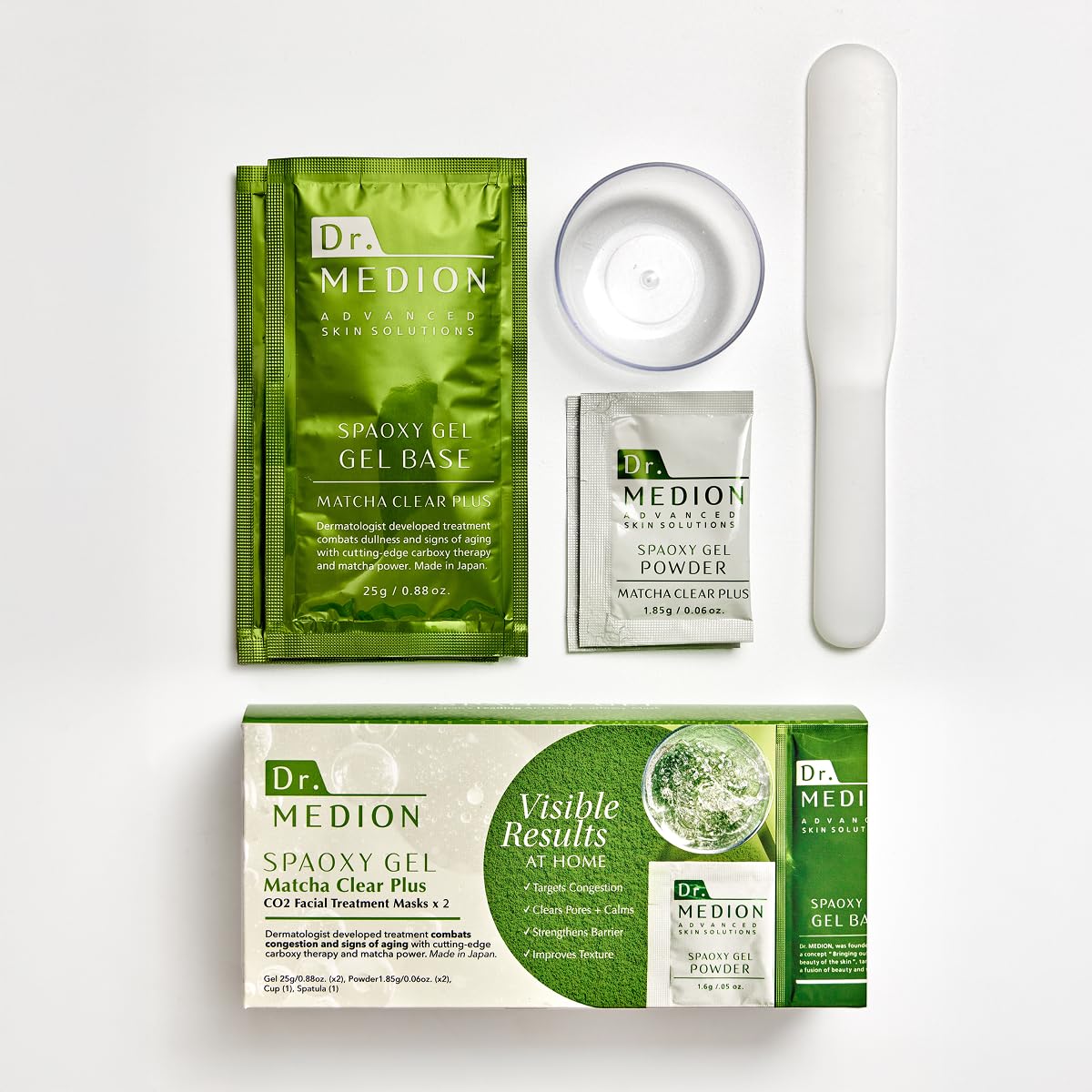 Dr. MEDION Spaoxy Gel Mask Matcha Clear Plus box front, two-unit set for skincare routines.