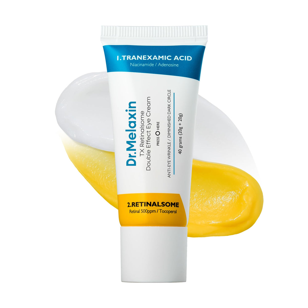 Dr.Melaxin TX dual eye cream bottle for targeted under-eye care