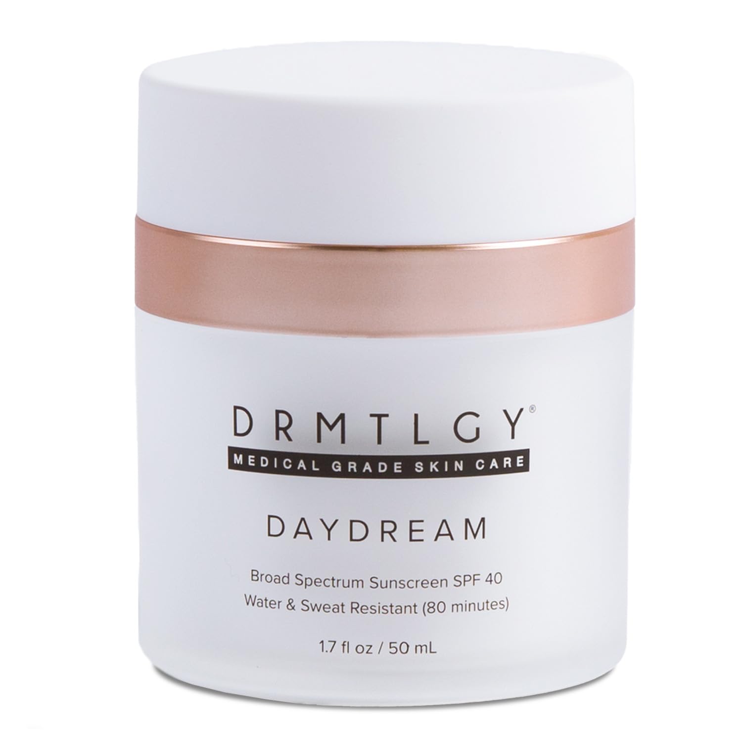 DRMTLGY Day Dream sunscreen bottle closeup showing SPF 40 protection and sleek packaging