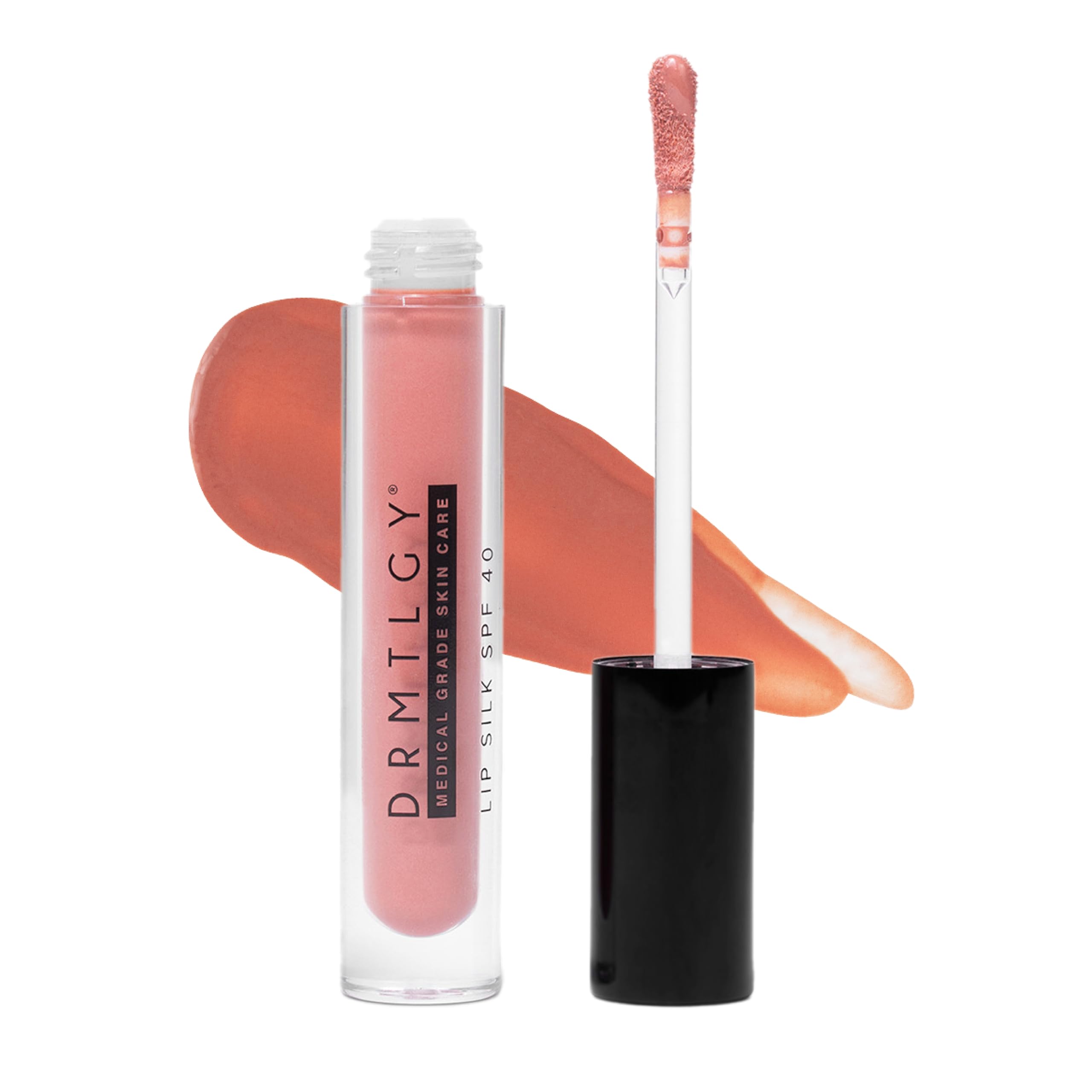 DRMTLGY Lip Silk SPF 40 tube closeup showing sleek packaging and protection