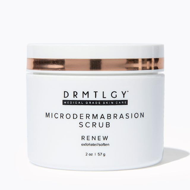 DRMTLGY microdermabrasion scrub jar demonstrates gentle exfoliation for smoother skin.