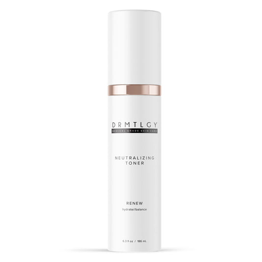 DRMTLGY Neutralizing Toner bottle close-up showing calming, hydrating formula.