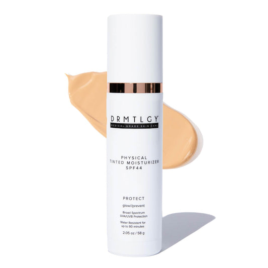 DRMTLGY Physical Tinted Moisturizer SPF 44 bottle shows universal tint for daily protection