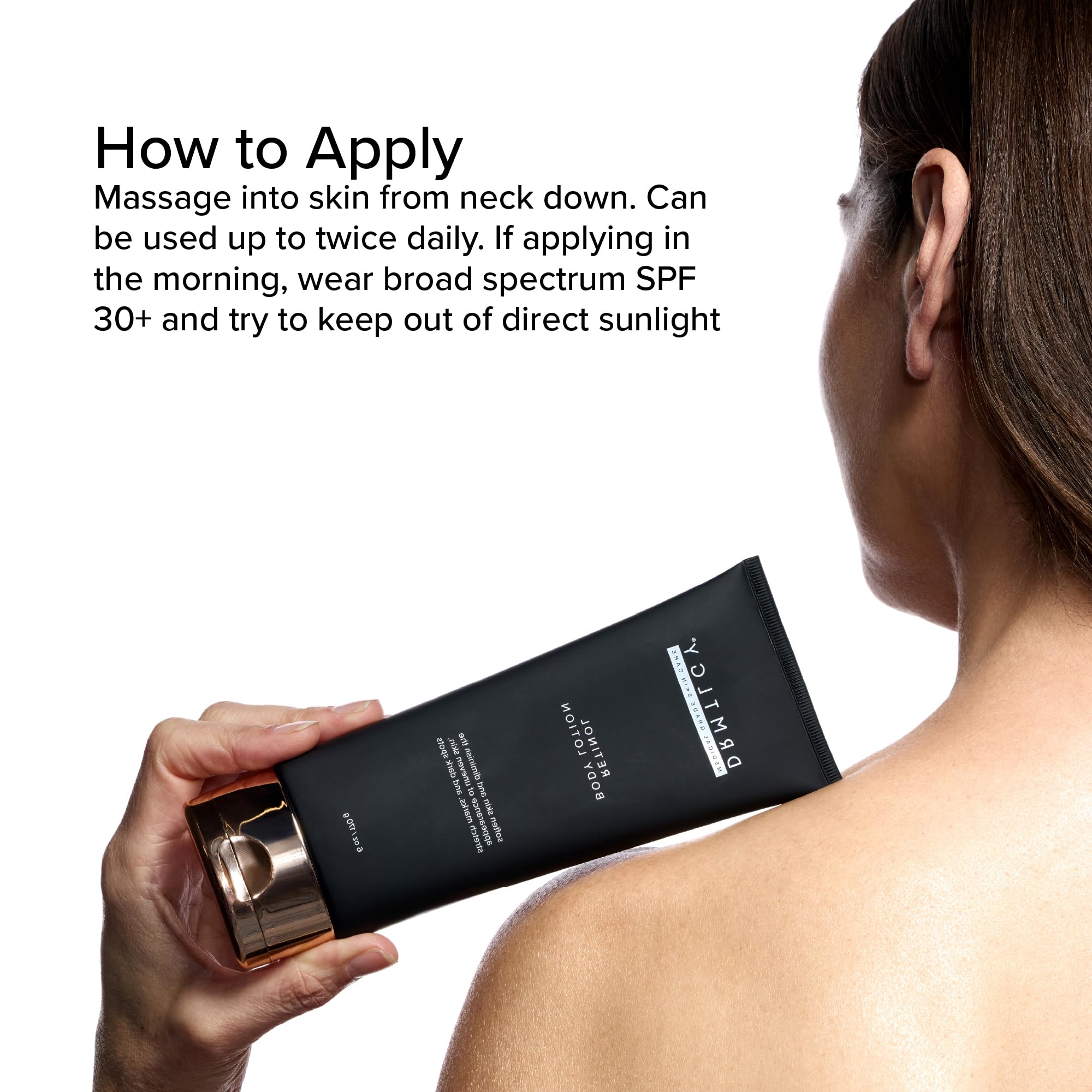 DRMTLGY lotion applied to neck and décolletage for daily nourishment