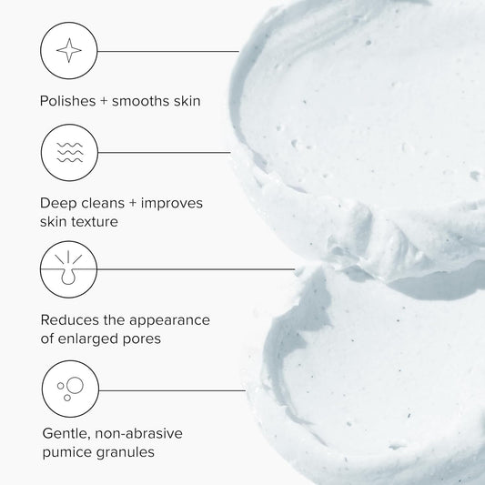 DRMTLGY scrub texture closeup highlights fine pumice granules for smooth skin.