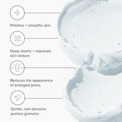 DRMTLGY scrub texture closeup highlights fine pumice granules for smooth skin.