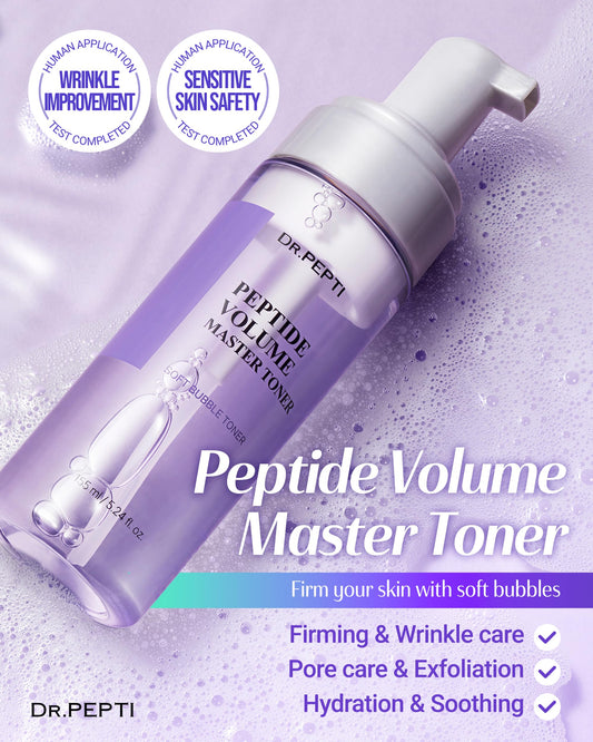 dr.pepti Volume Master Toner bottle close-up highlighting premium formula