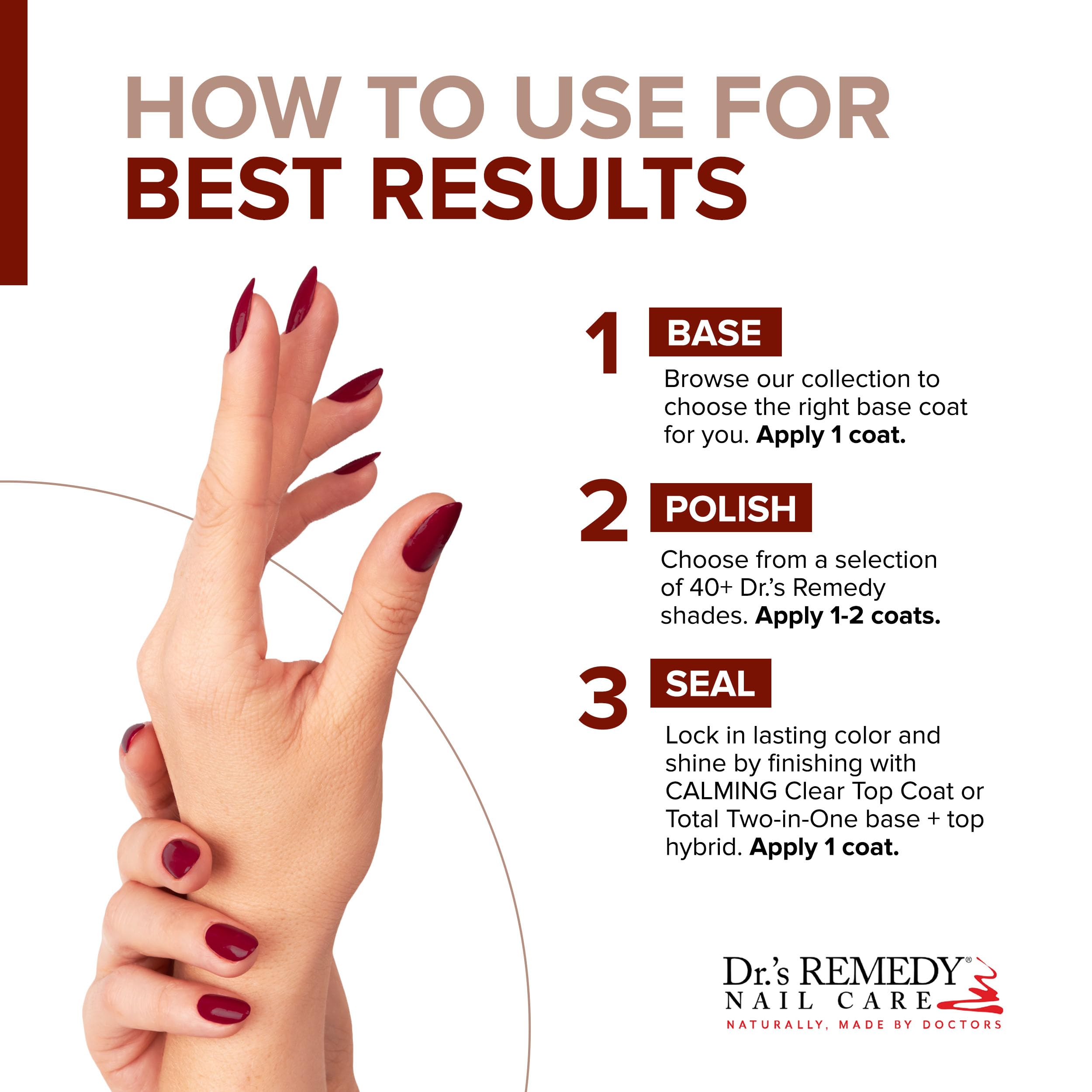 Close-up of Dr.'s Remedy nails with a shiny, long-wear finish.