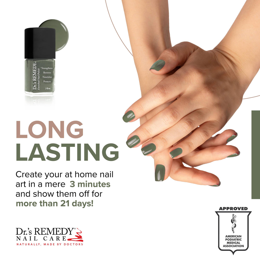 Close-up of Dr.'s Remedy Optimistic Olive nails displaying glossy shine.