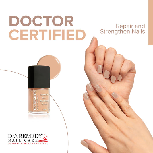 Dr. Remedy Purity Peach brush stroke illustrating quick-dry finish for busy days.