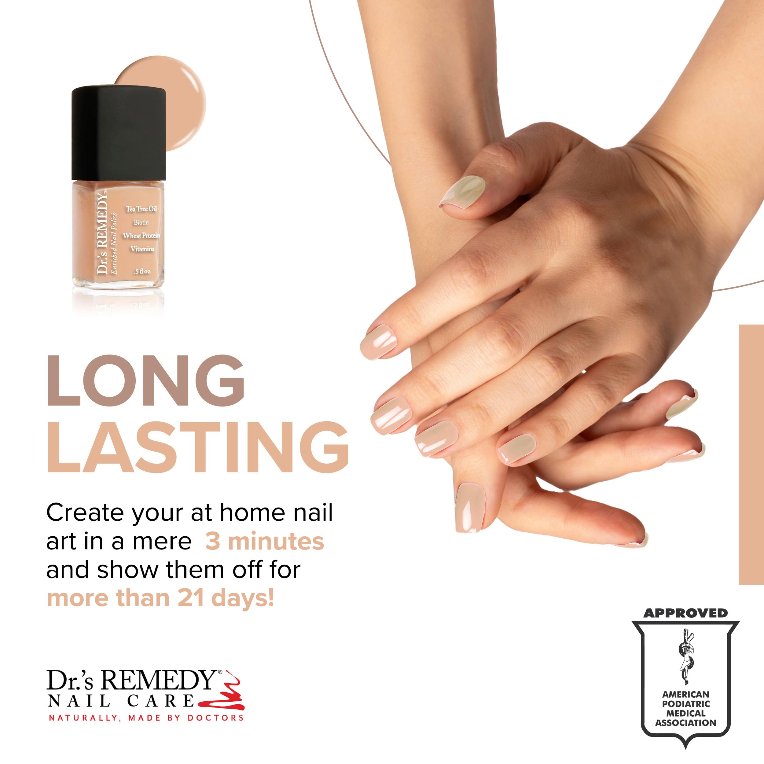 Dr. Remedy Purity Peach nails care routine shot highlighting base coat and top coat compatibility.
