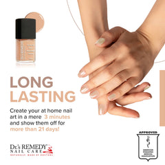 Dr. Remedy Purity Peach nails care routine shot highlighting base coat and top coat compatibility.