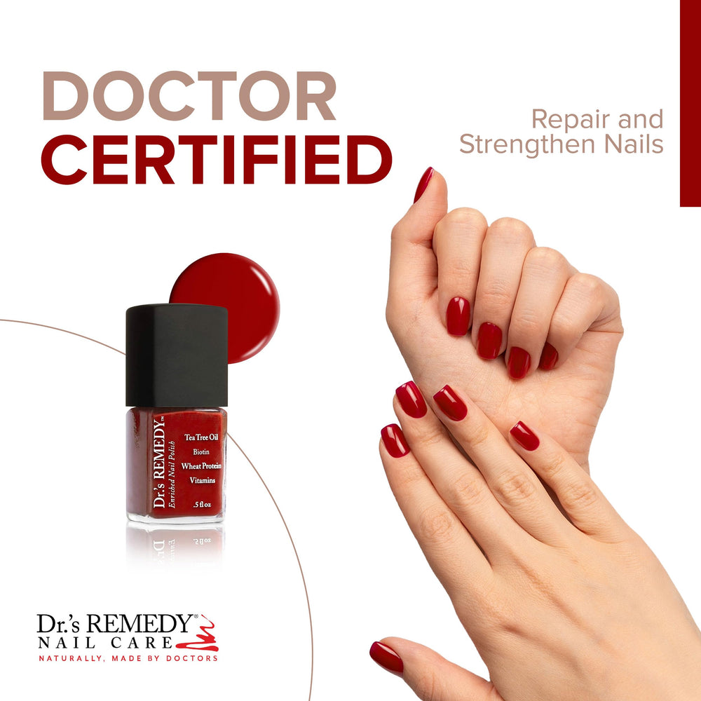 Dr.’s Remedy Rescue Red bottle cap close-up emphasizing quick-dry application.