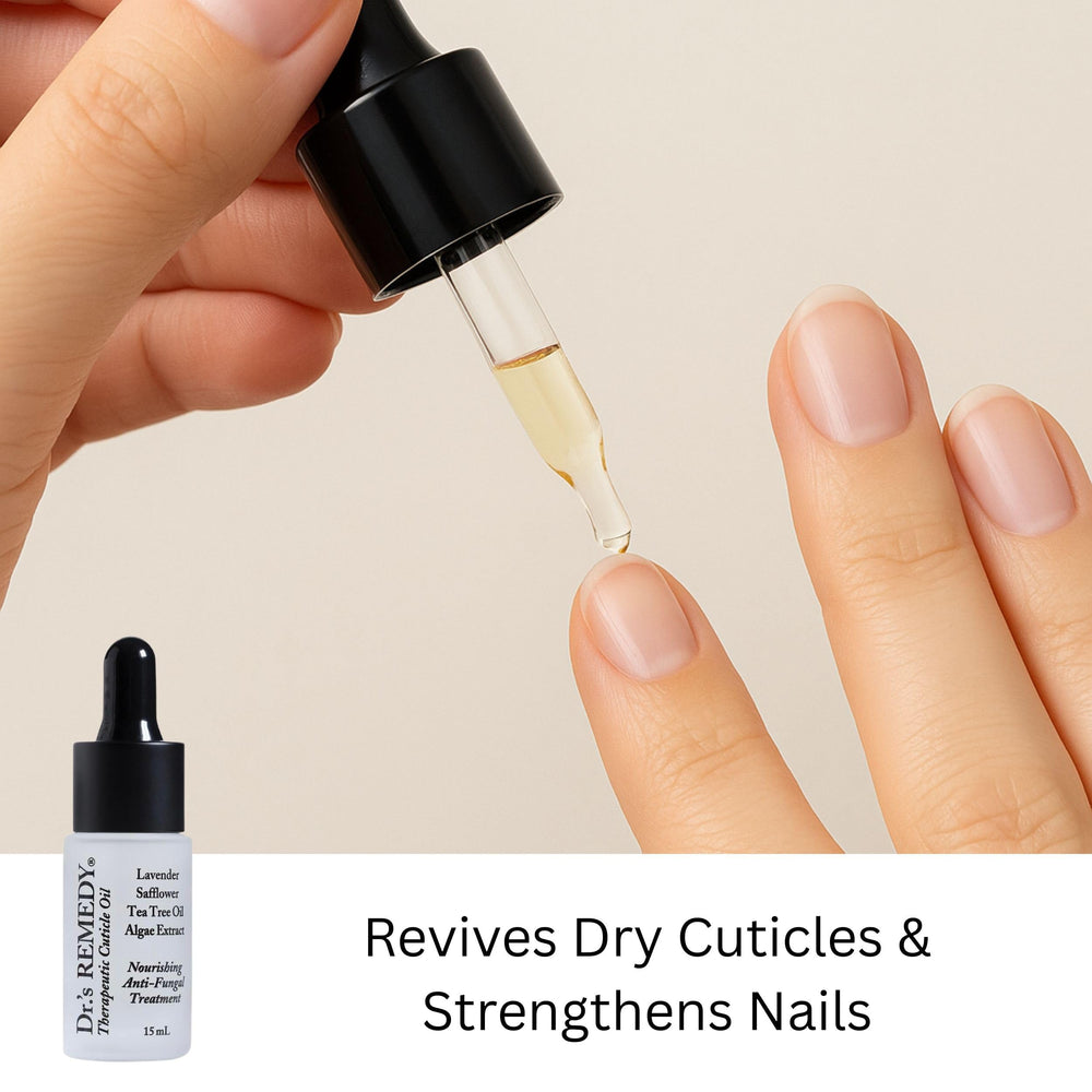 Ingredients of Dr.'s Remedy Cuticle Oil with tea-tree oil highlighted