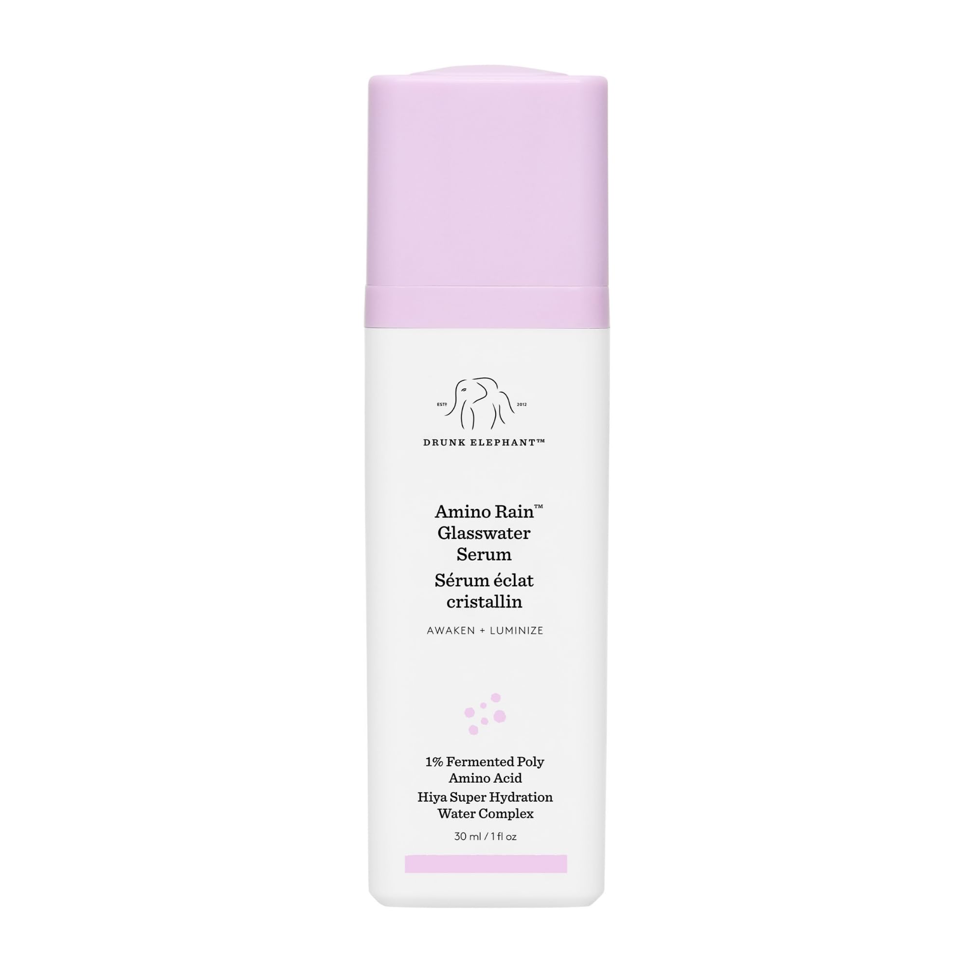 Drunk Elephant Amino Rain Glasswater Serum bottle highlighting radiant hydration