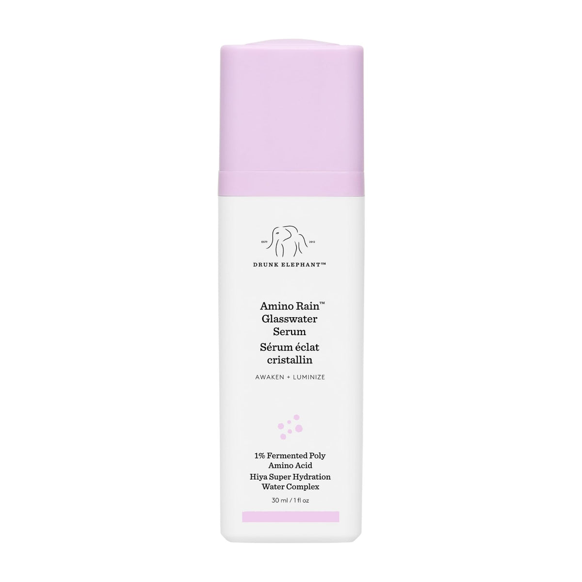 Drunk Elephant Amino Rain Glasswater Serum bottle highlighting radiant hydration