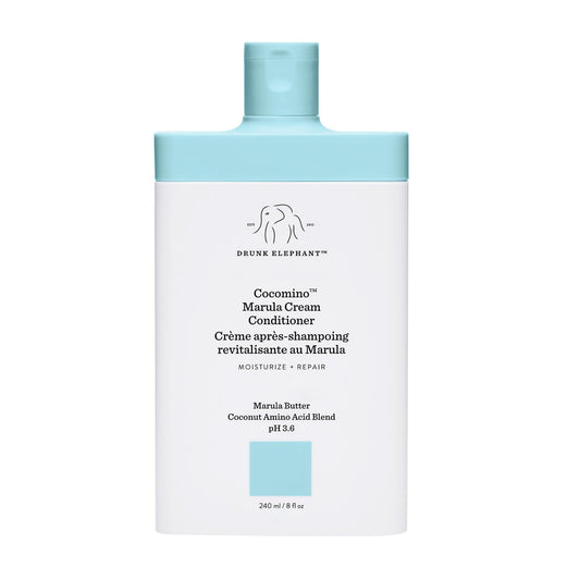 Drunk Elephant Cocomino Marula Cream Conditioner bottle shows color-safe moisturizing benefits.