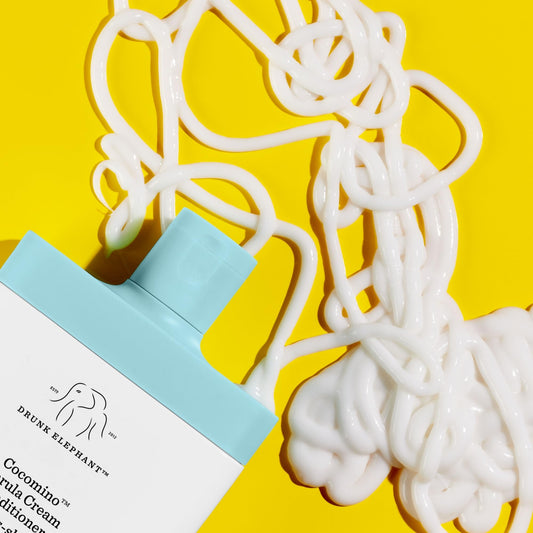 Drunk Elephant Cocomino Marula Cream Conditioner pour highlights quick-absorbing formula for detangling.