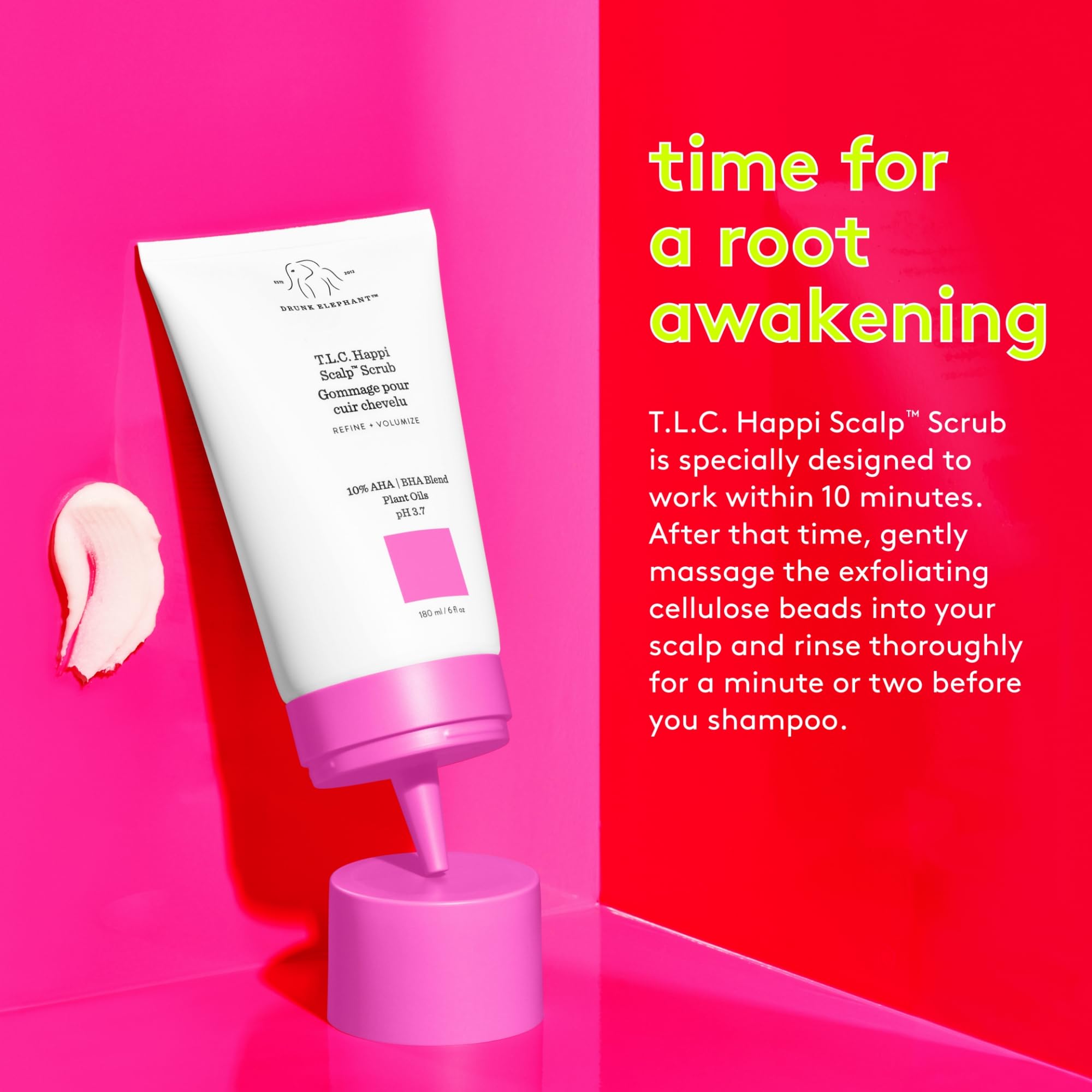 Drunk Elephant Happi Scalp Scrub after-use rinse with shampoo shown.