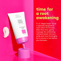 Drunk Elephant Happi Scalp Scrub after-use rinse with shampoo shown.