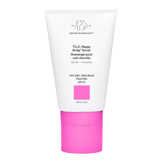 Drunk Elephant Happi Scalp Scrub bottle showing exfoliation beads and clinical formula.