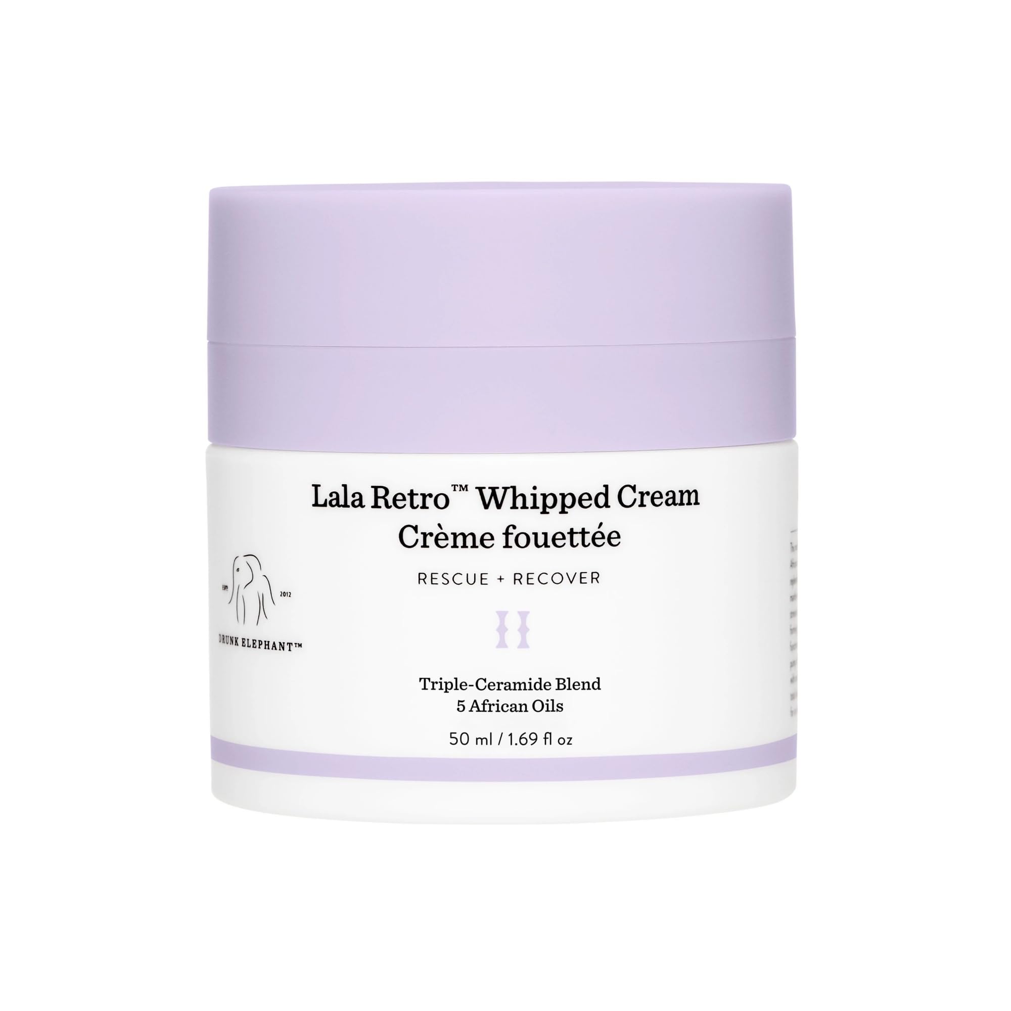 Drunk Elephant Lala Retro Whipped Cream jar delivers airy texture for daily moisture.