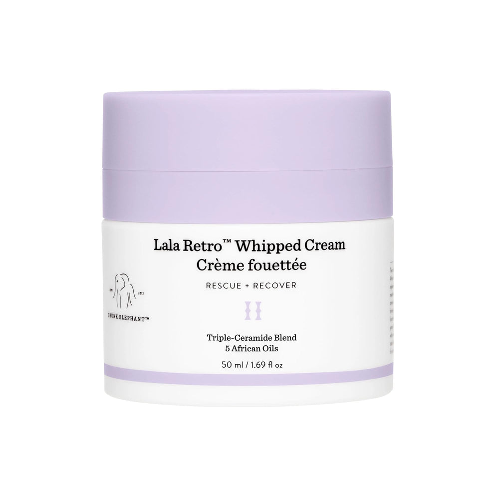 Drunk Elephant Lala Retro Whipped Cream jar delivers airy texture for daily moisture.