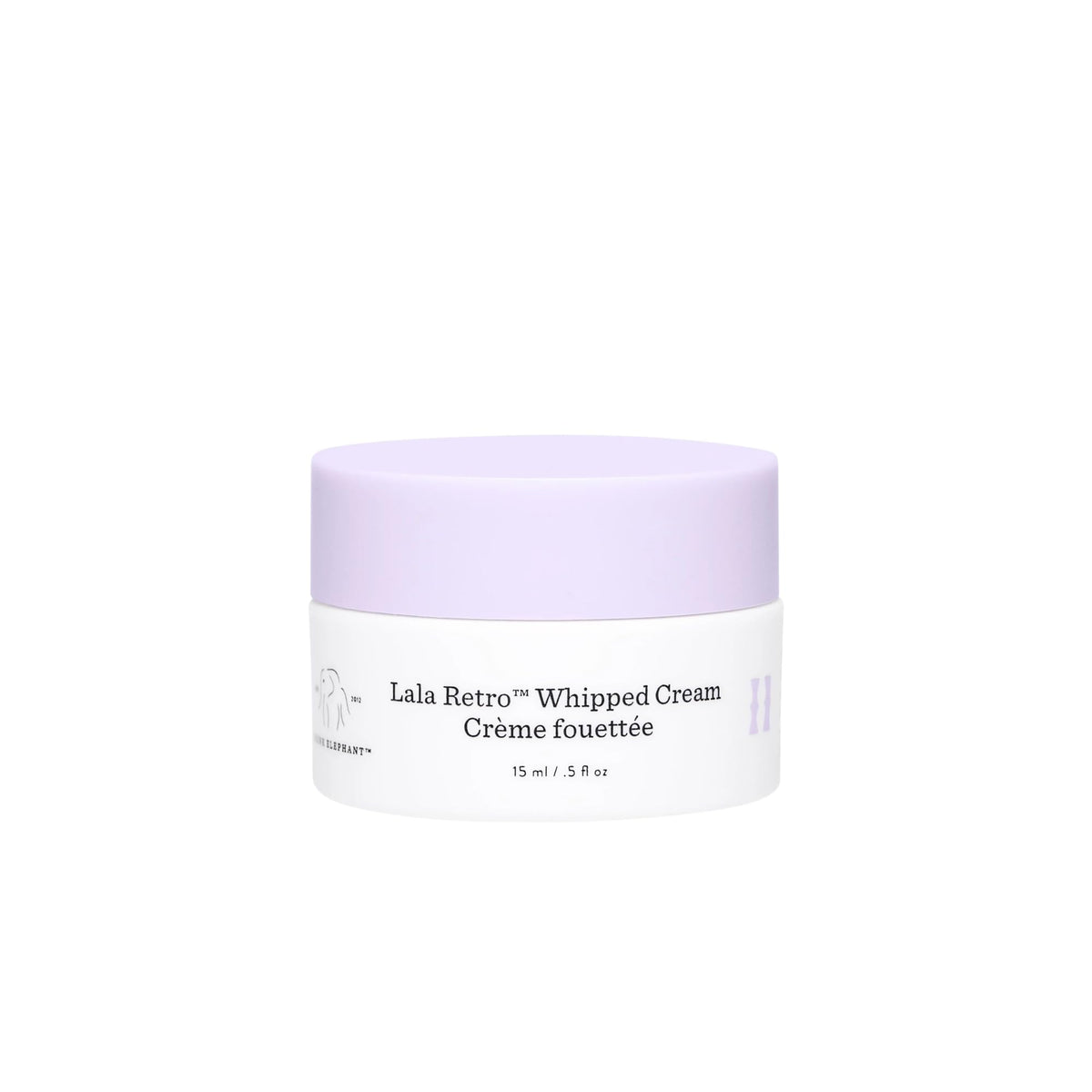 Drunk Elephant Lala Retro whipped cream jar close-up showing airy texture for daily moisture.
