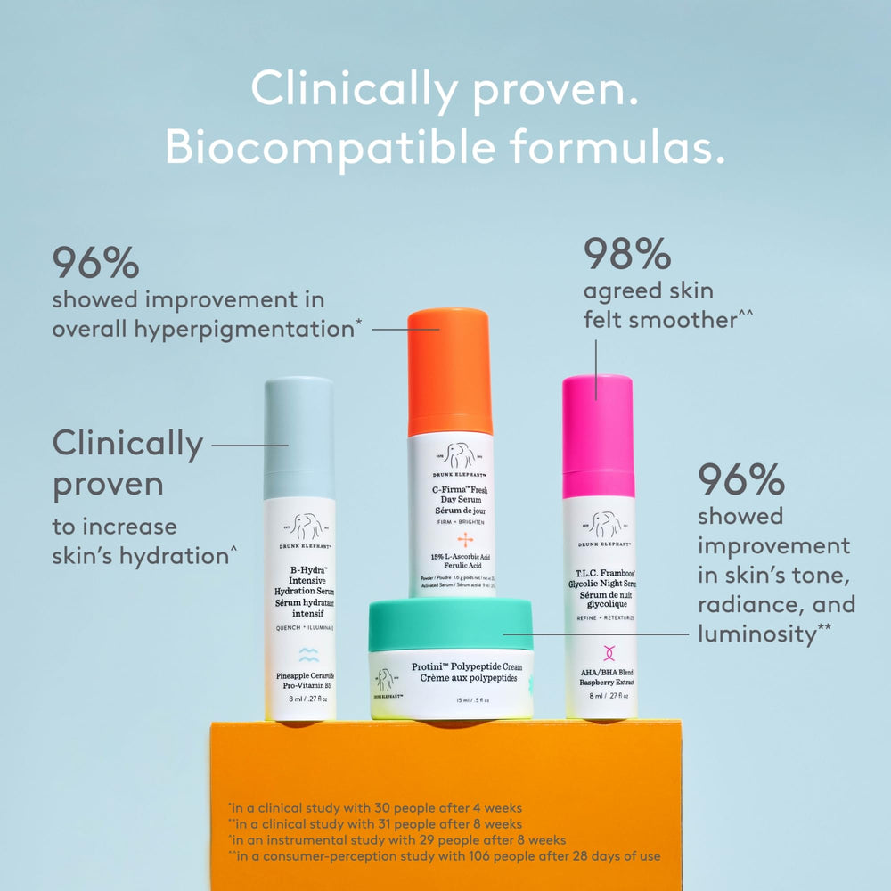 Drunk Elephant Littles kit night setup with Beste No.9, Framboos, B‑Hydra, Protini for smoother texture.