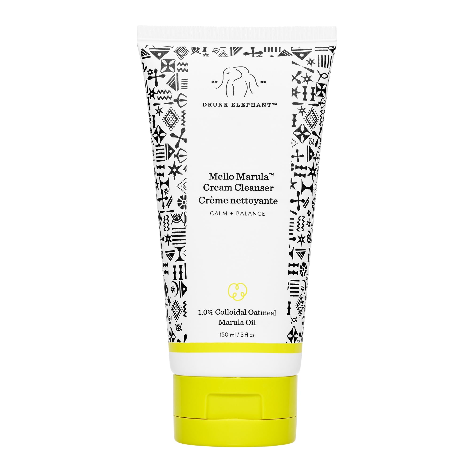 Drunk Elephant Mello Marula Cream Cleanser bottle close-up for gentle makeup removal.