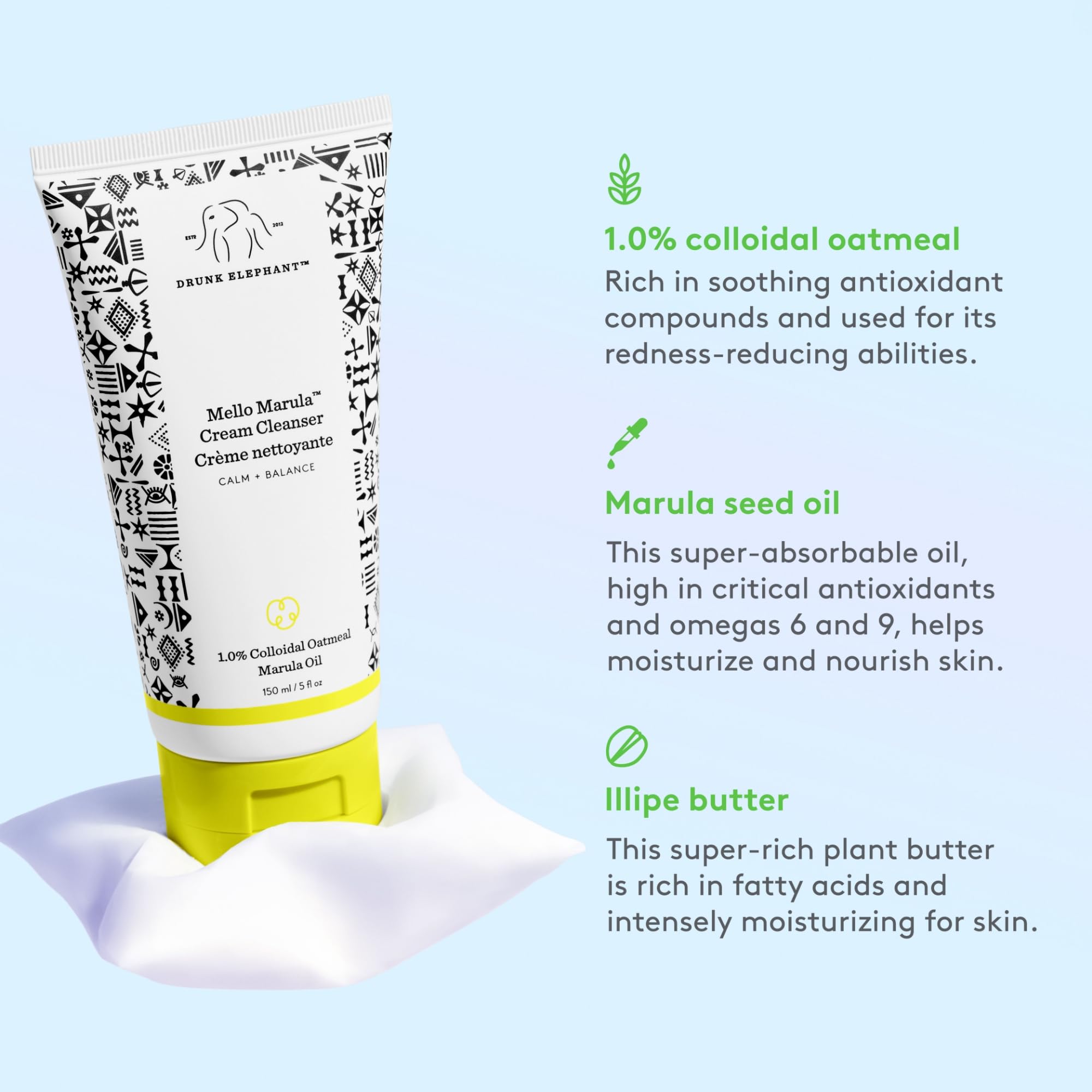 Close-up of colloidal oatmeal in Drunk Elephant Mello Marula Cream Cleanser.