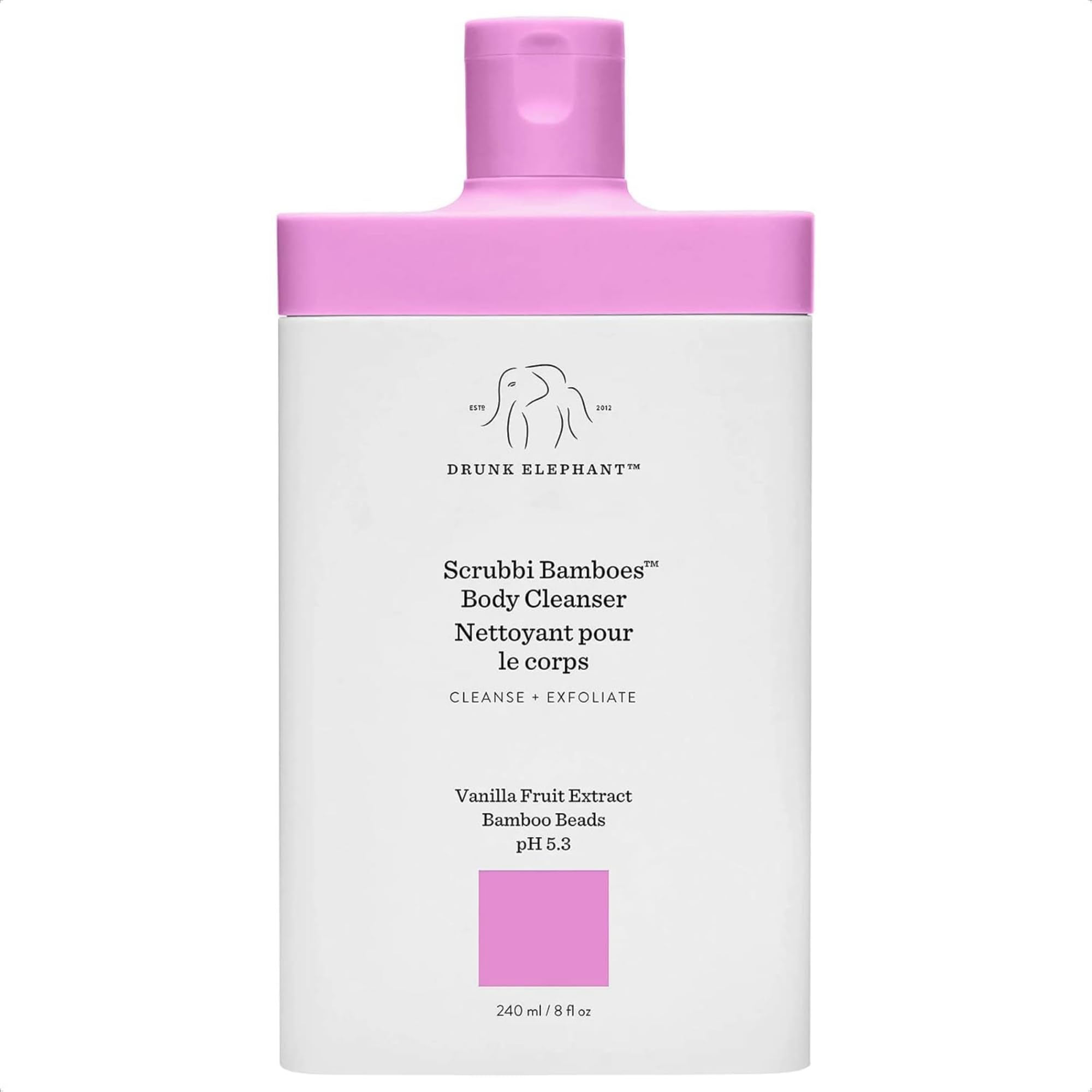 Drunk Elephant Scrubbi Bamboes Body Cleanser bottle for daily shower use