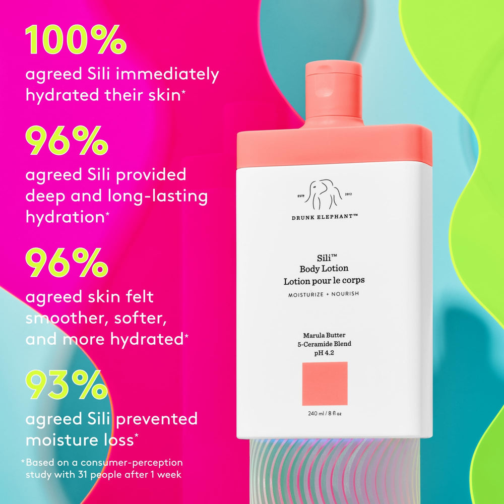 Drunk Elephant Sili Body Lotion ingredients feature ceramides for barrier support.